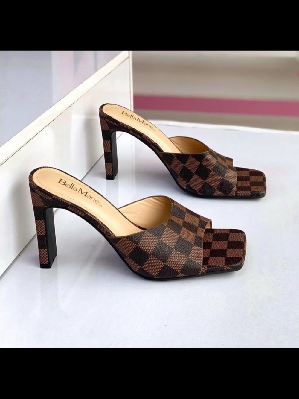 Designer Inspired Open-Toe Checkered Heeled Mules
